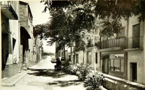 Postal antiga en blanc i negre d'un carrer del Bedorc amb arbres i balcons